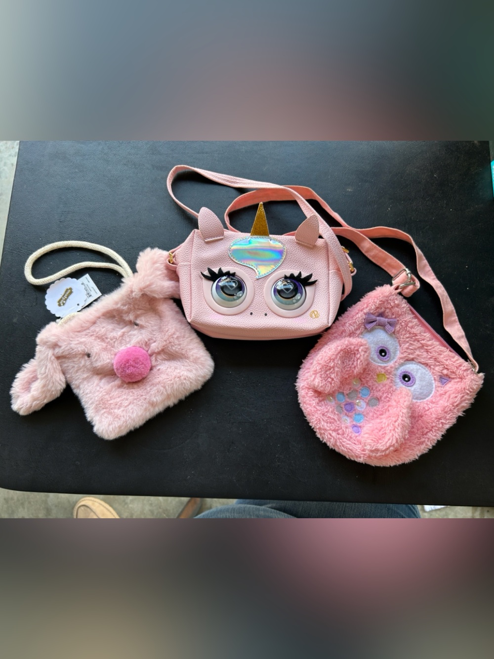 Girls 3 Purse Lot Pink Unicorn Crossbody & two Plush Animal Bags.